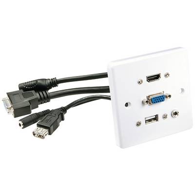 White wall plate with VGA, USB, HDMI and audio ports, with two connected cables, one with a USB plug and one with a VGA plug.