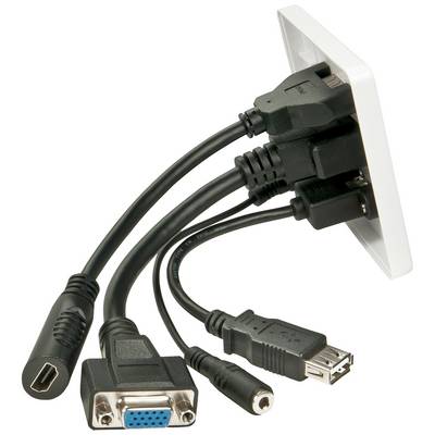 A wall connection panel with multiple connection cables: HDMI, VGA, USB and audio cables protruding from a white wall plate.
