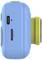 A compact, blue camera from the side with a yellow lens and interfaces for USB and SD card.