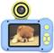 Blue children's camera with a yellow lens. On the screen, a fluffy dog is shown lying cutely on a carpet.