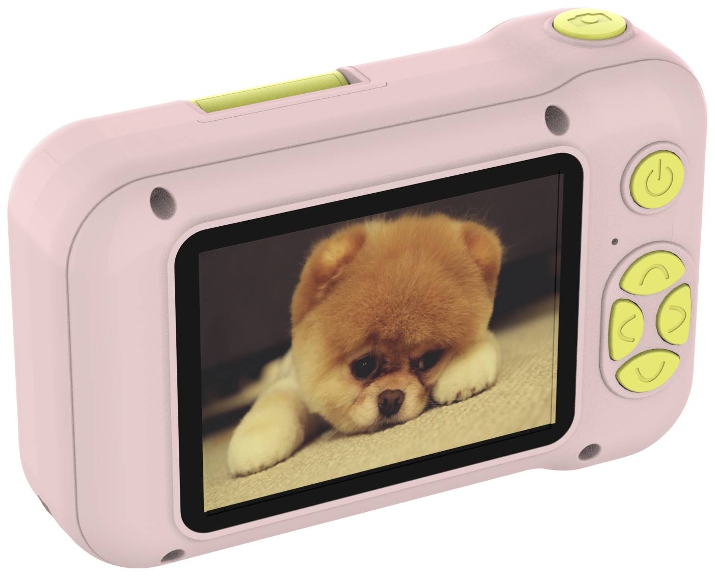 A pink digital camera displays an image of a cute dog lying on a light surface with a sad expression.
