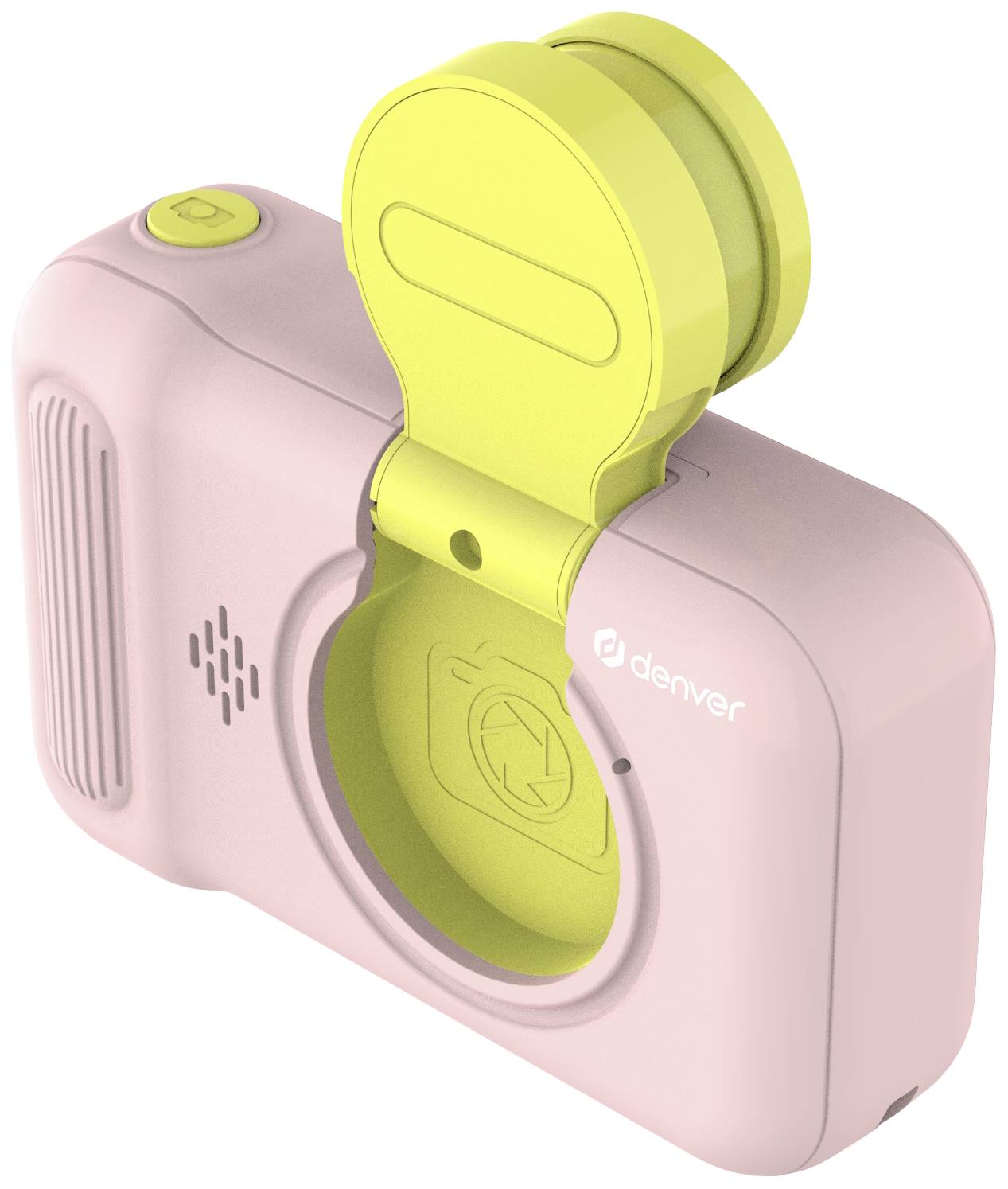 A pink instant camera with a yellow lens attachment. Speaker openings are located on the left, with a green shutter button on the top.