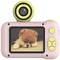 Children's toy camera in pink, with a display showing a small, fluffy dog lying on the floor.