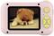 A pink children's camera display shows a cute, brown puppy with a sad expression lying on a carpet.