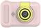 Pink camera with a green lens ring, brand logo in the top right corner.