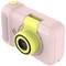 A pink children's camera with a yellow lens and simple design.