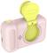 Pink children's camera with a yellow lens cap, speaker opening, and power button.