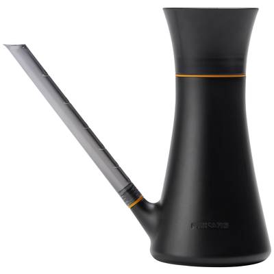 A black watering can with a sleek design, a transparent handle with a measuring scale and an orange accent.