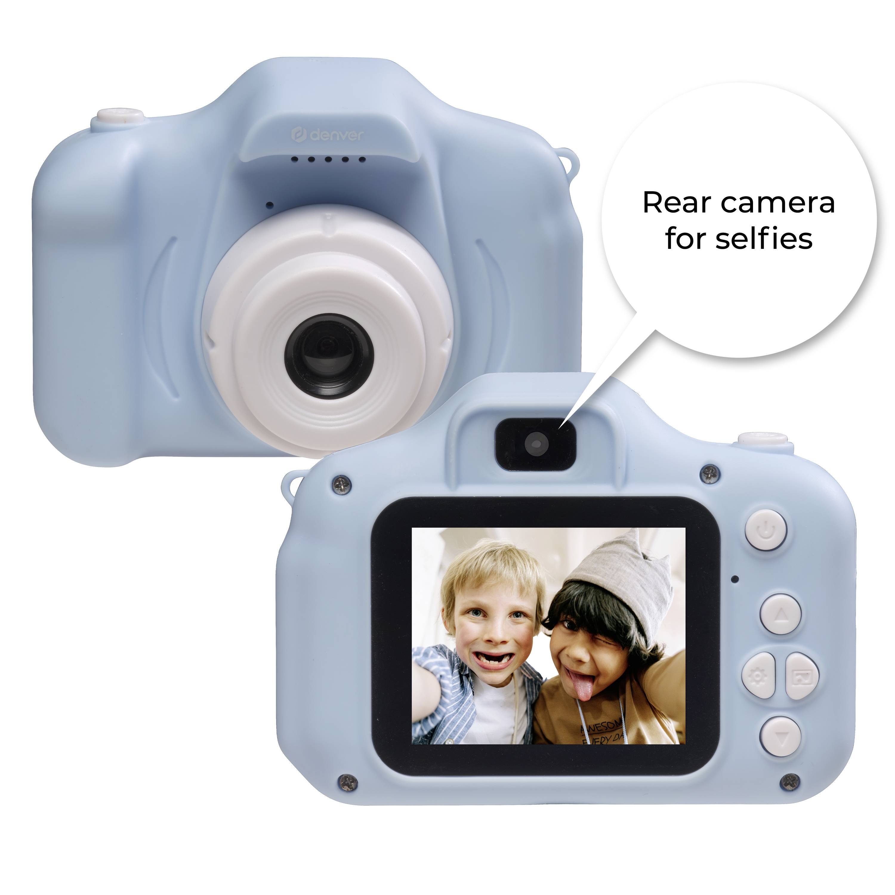 Two cameras: The front side shows the lens, the back features a screen with a smiling child and the label 'Rear camera for selfies'.