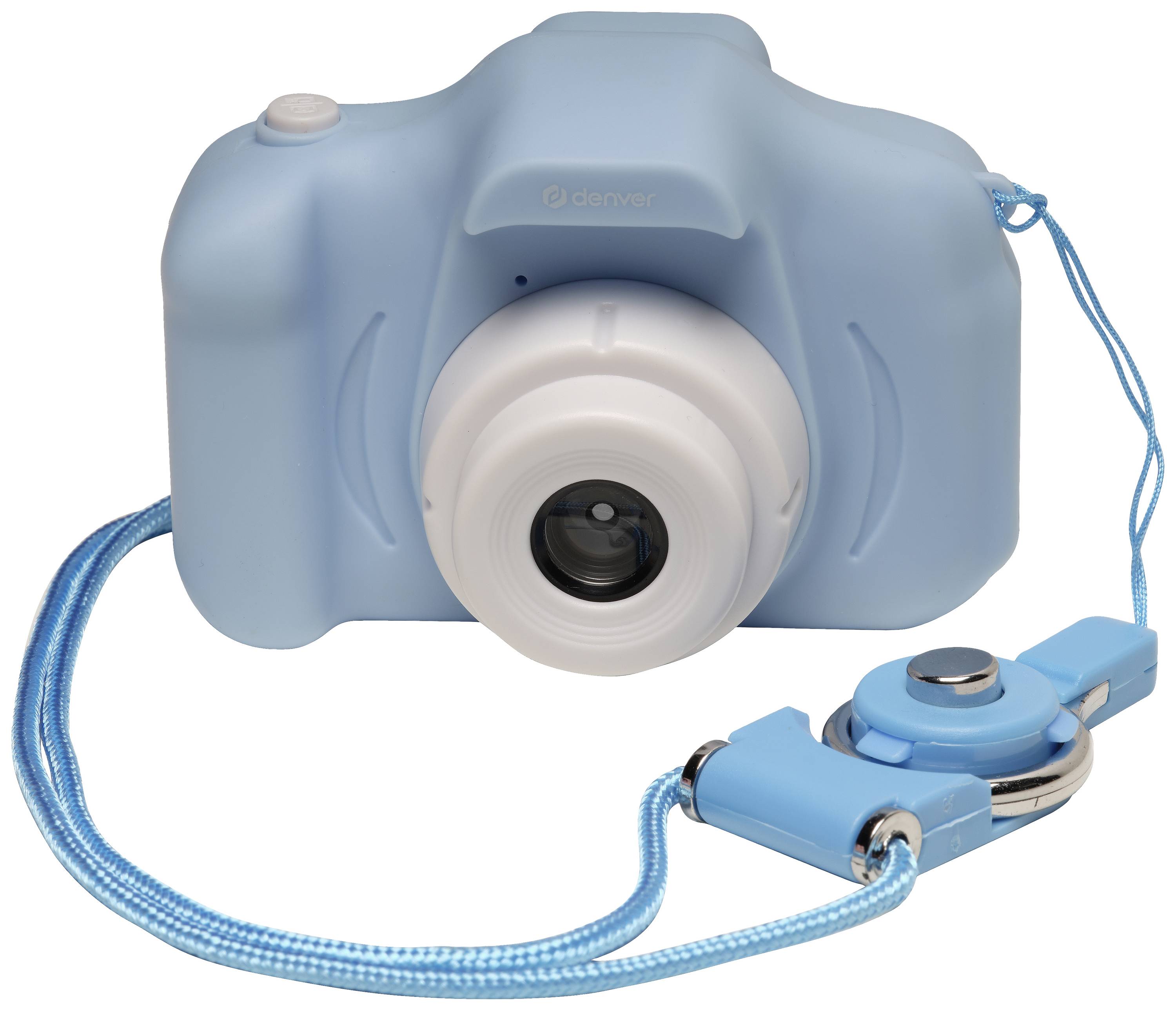 A blue children's camera with a round lens and matching blue carrying strap. It has a simple, robust design.