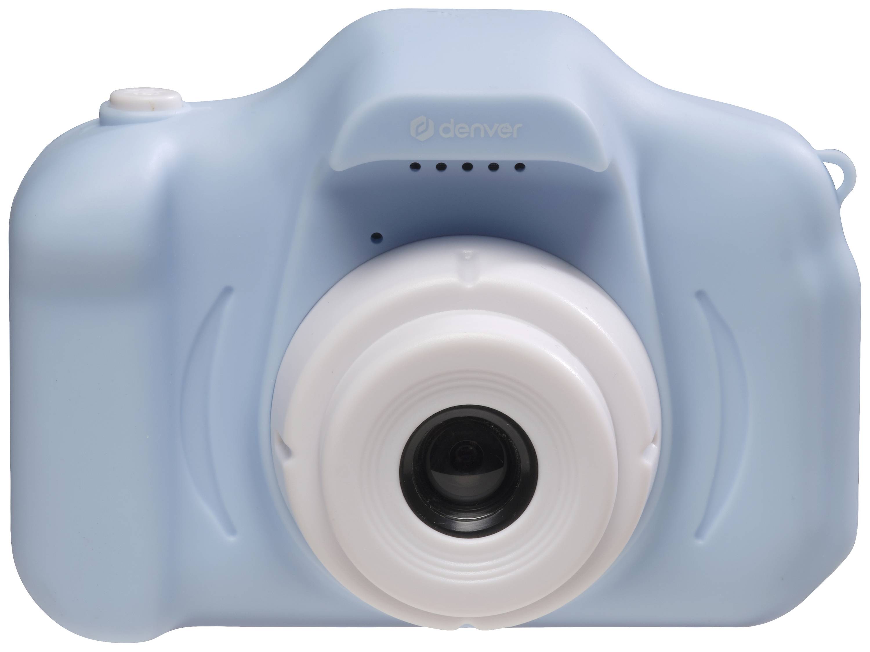A blue, child-friendly digital camera with rounded edges and a simple user interface.