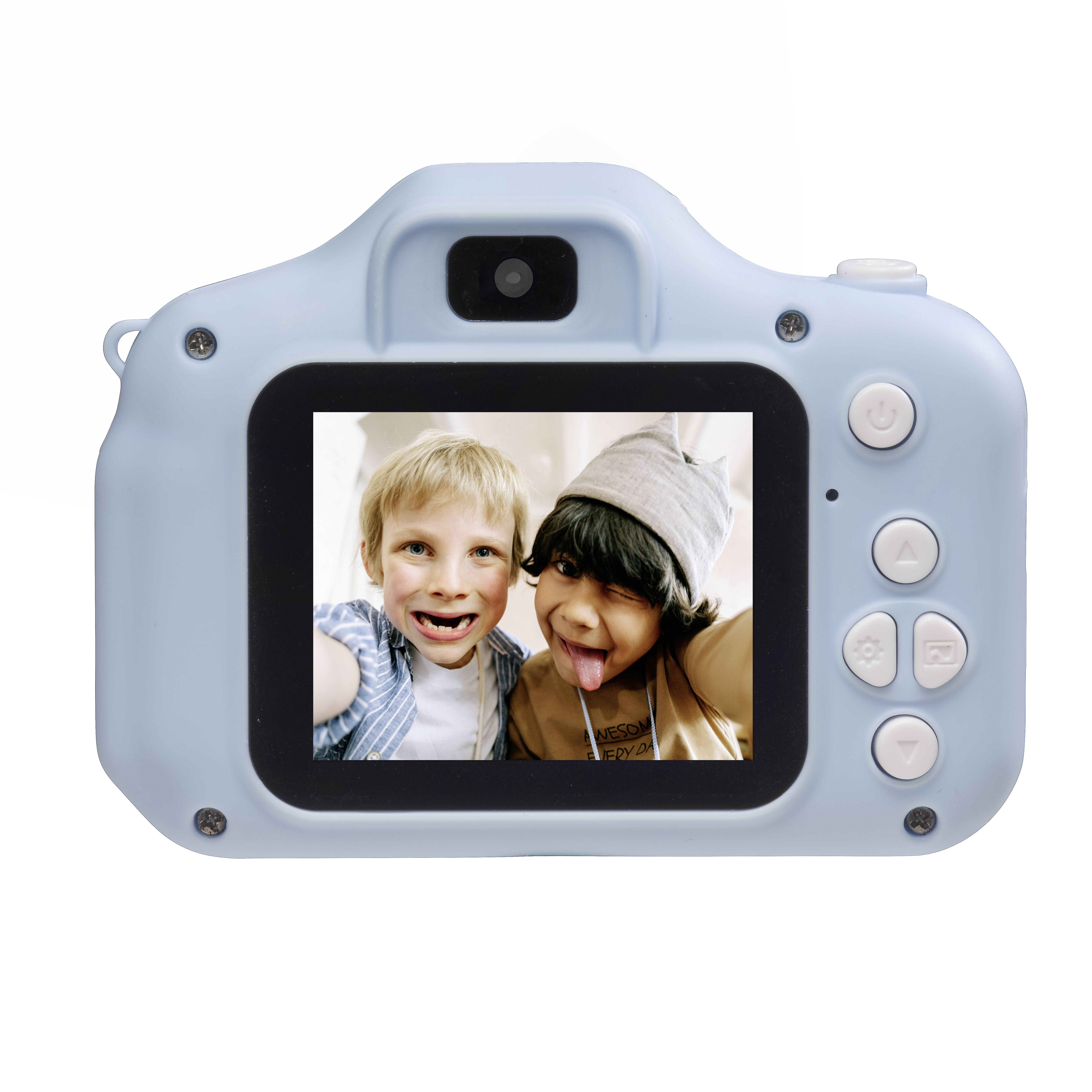 Two children are pulling faces and smiling on the screen of a light blue toy camera.