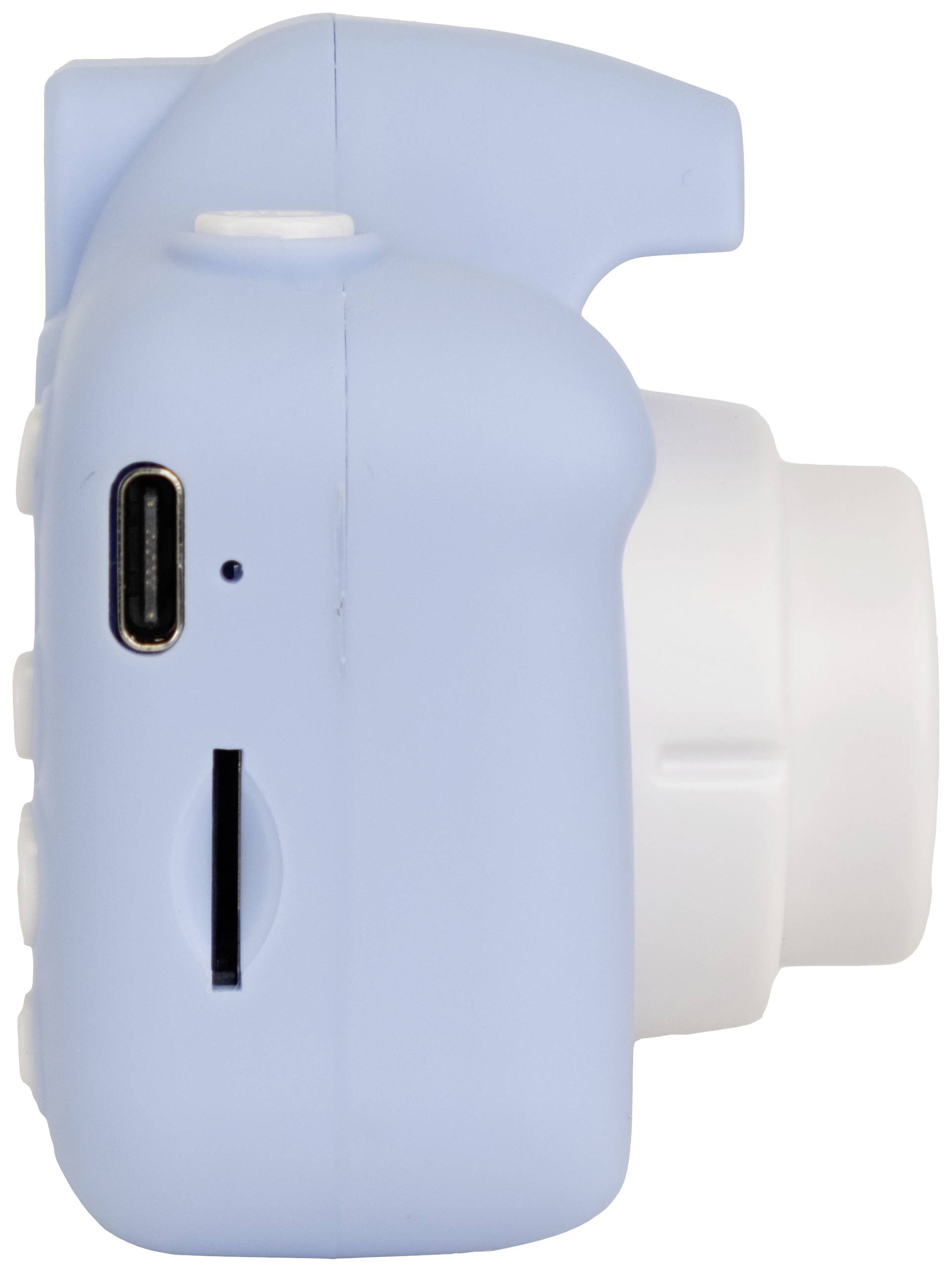A light blue instant camera with a USB port and SD card slot on the side.