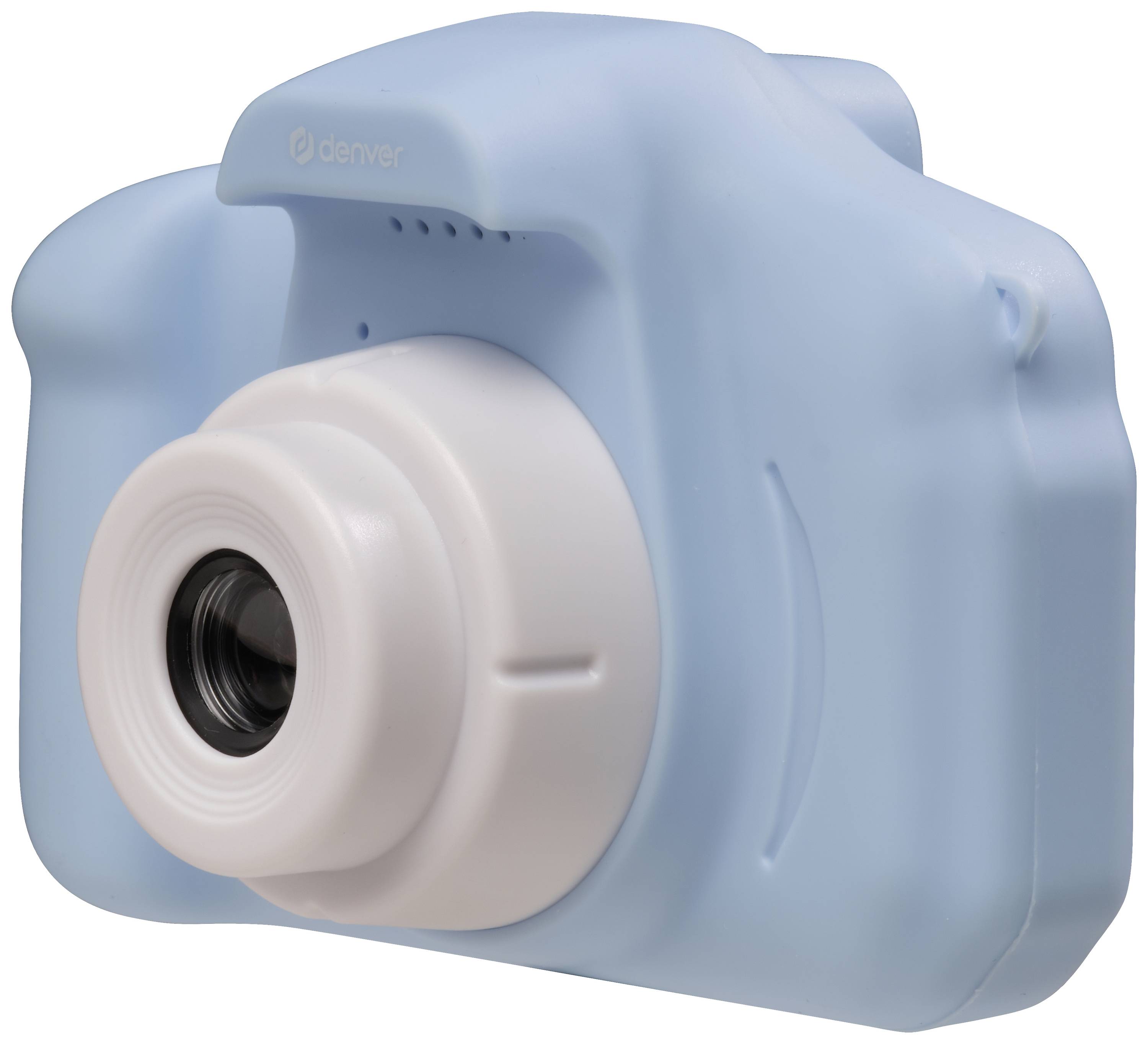 A blue children's camera with a large white lens, suitable for young users.