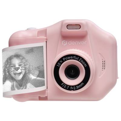 Children's camera in pink with a printed black and white photograph of a laughing child. The camera features a 10x zoom.
