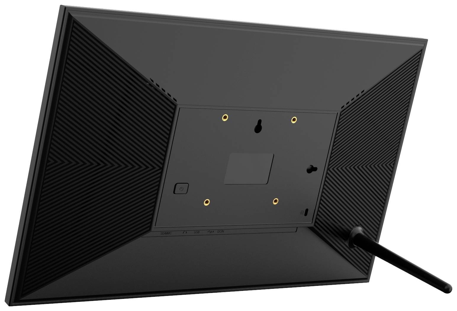 A black monitor from the rear, showing mounting points and the connection of an antenna cable. No other distinctive elements visible.