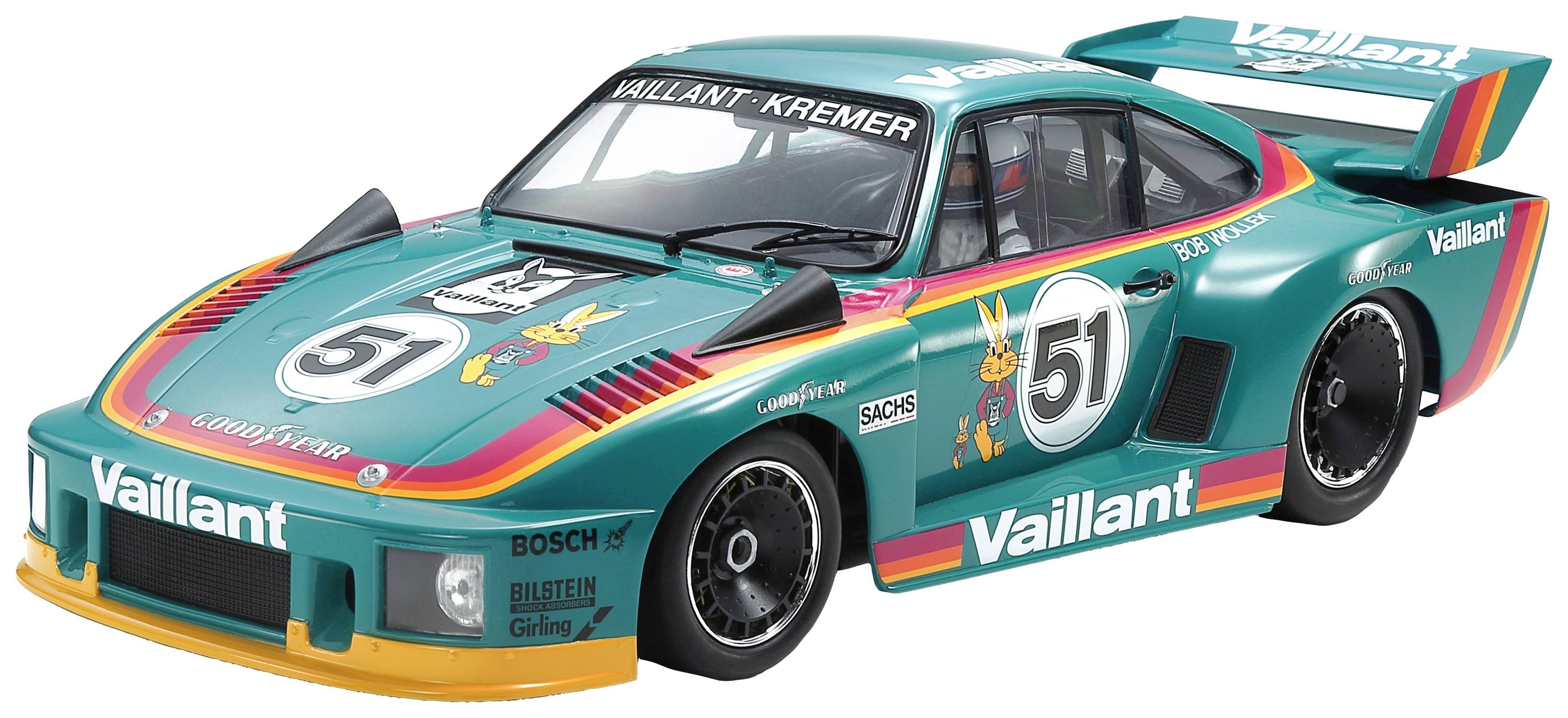 Toy model of a racing car to scale with a turquoise Vaillant design, number 51, and colourful stripes.