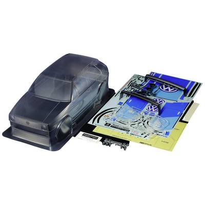 Plastic car body in a model kit with decal sheets and accessory parts.