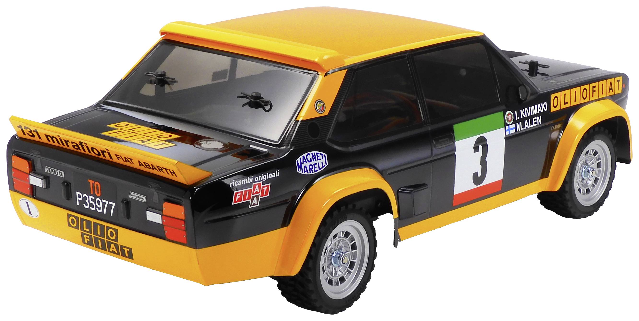 Toy model of a classic Fiat Abarth rally car in black and orange, with race number 3 and sponsor logos.