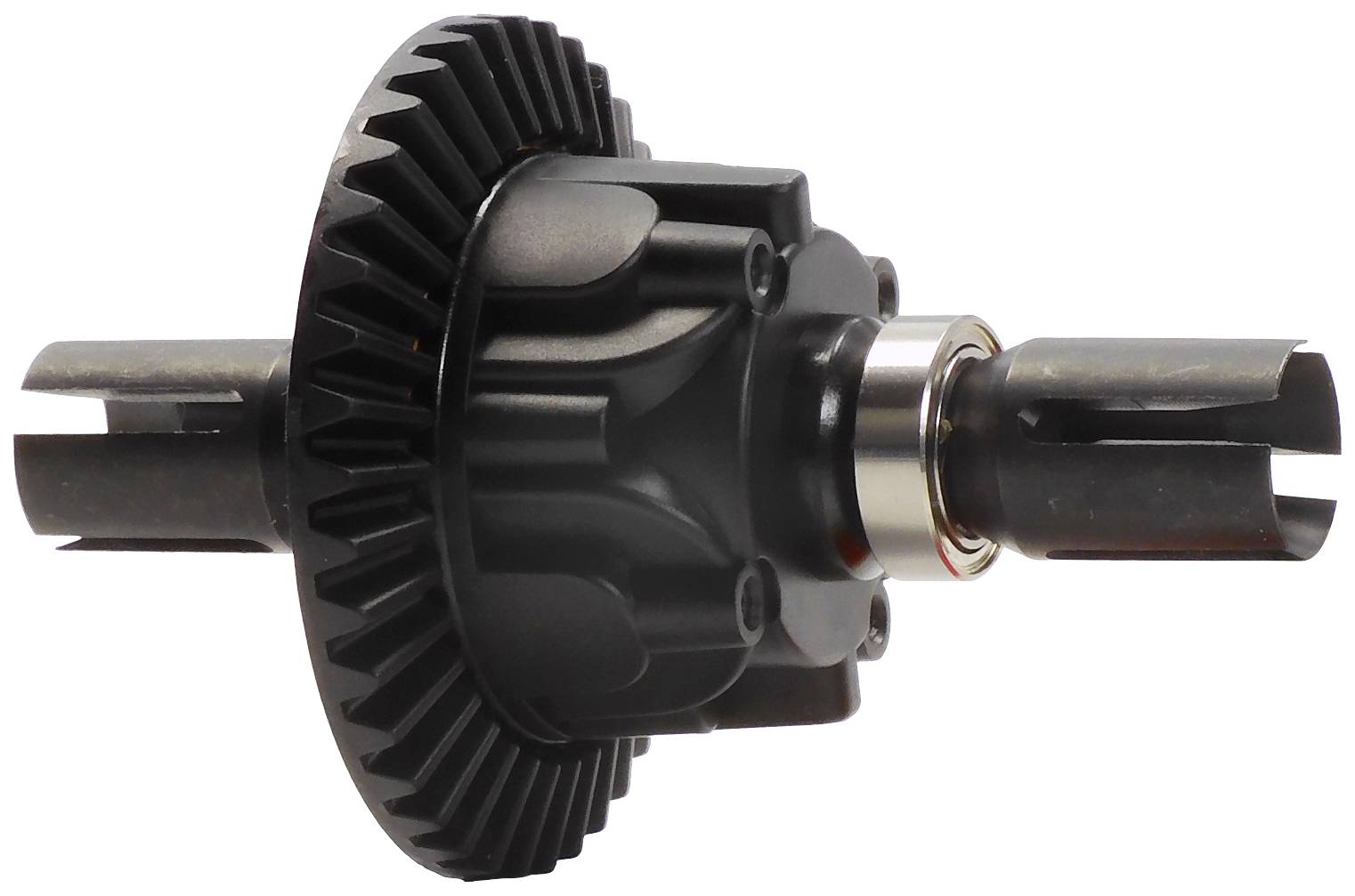 A black mechanical component with a cylindrical shape and toothed edge, likely part of a gearing system.