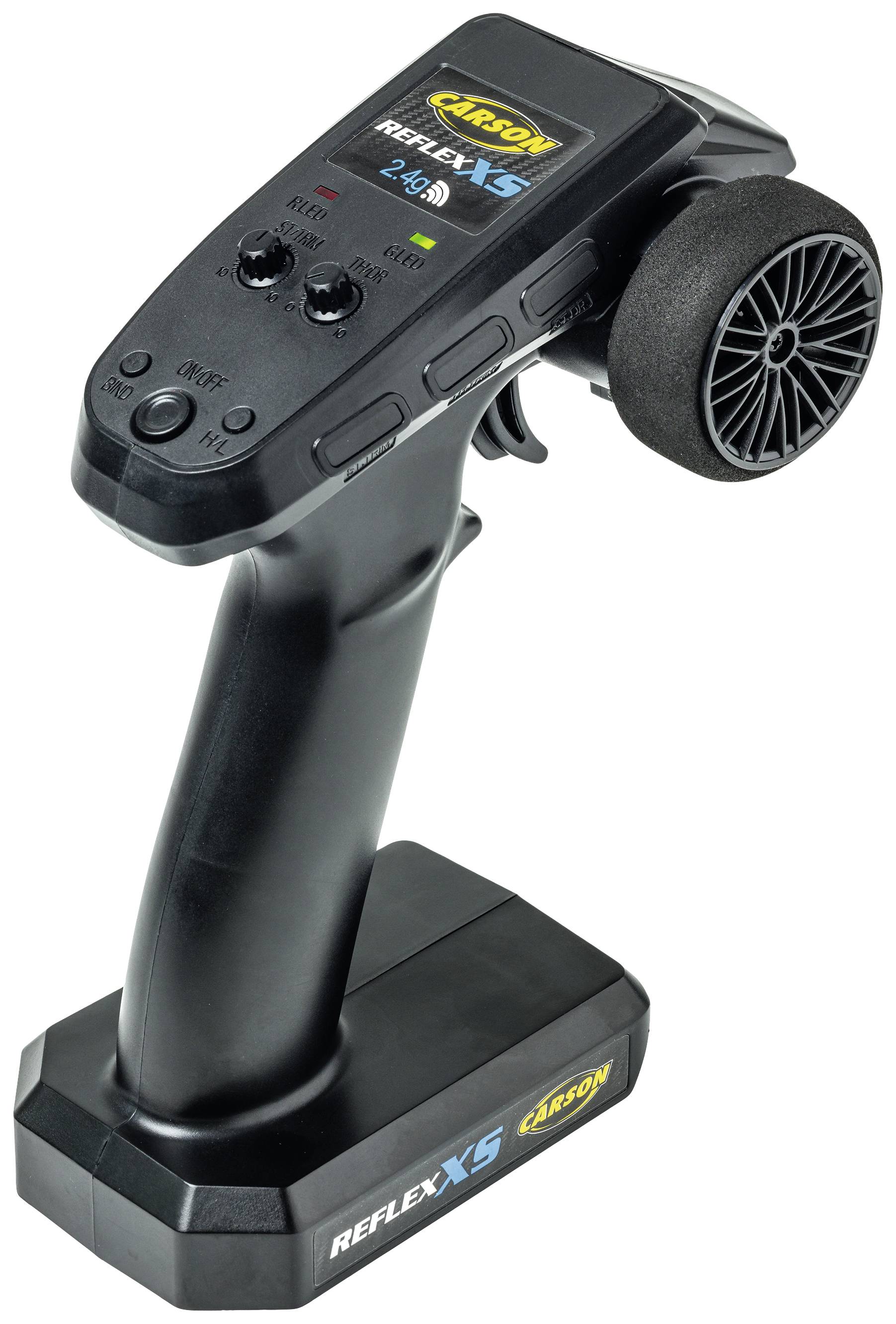 Black and grey radio remote control with wheel, buttons, and battery cover, marked with 'Reflex X5' and 'Carson' logos.