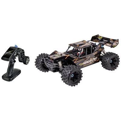 'Remote-controlled off-road car with large tyres and a robust design, alongside a matching remote control.'