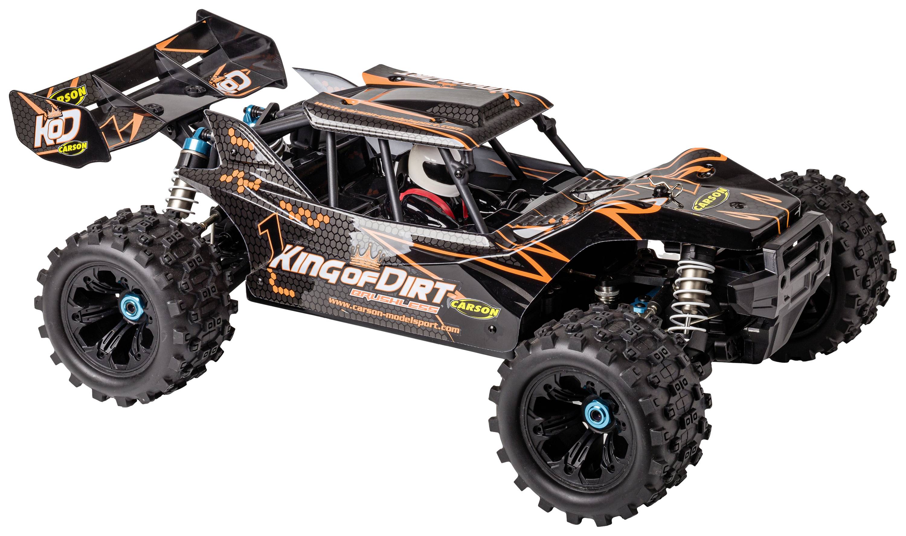 Remote-controlled car with black and orange design, robust tyres, and aerodynamic wing. Text on car: 'King of Dirt'.
