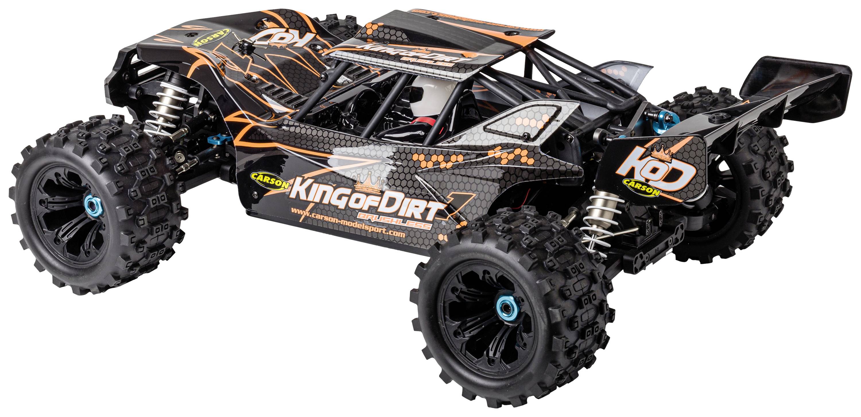 A remote-controlled car with large tyres and a sporty design, described as the 'King of Dirt', suitable for off-road terrain.