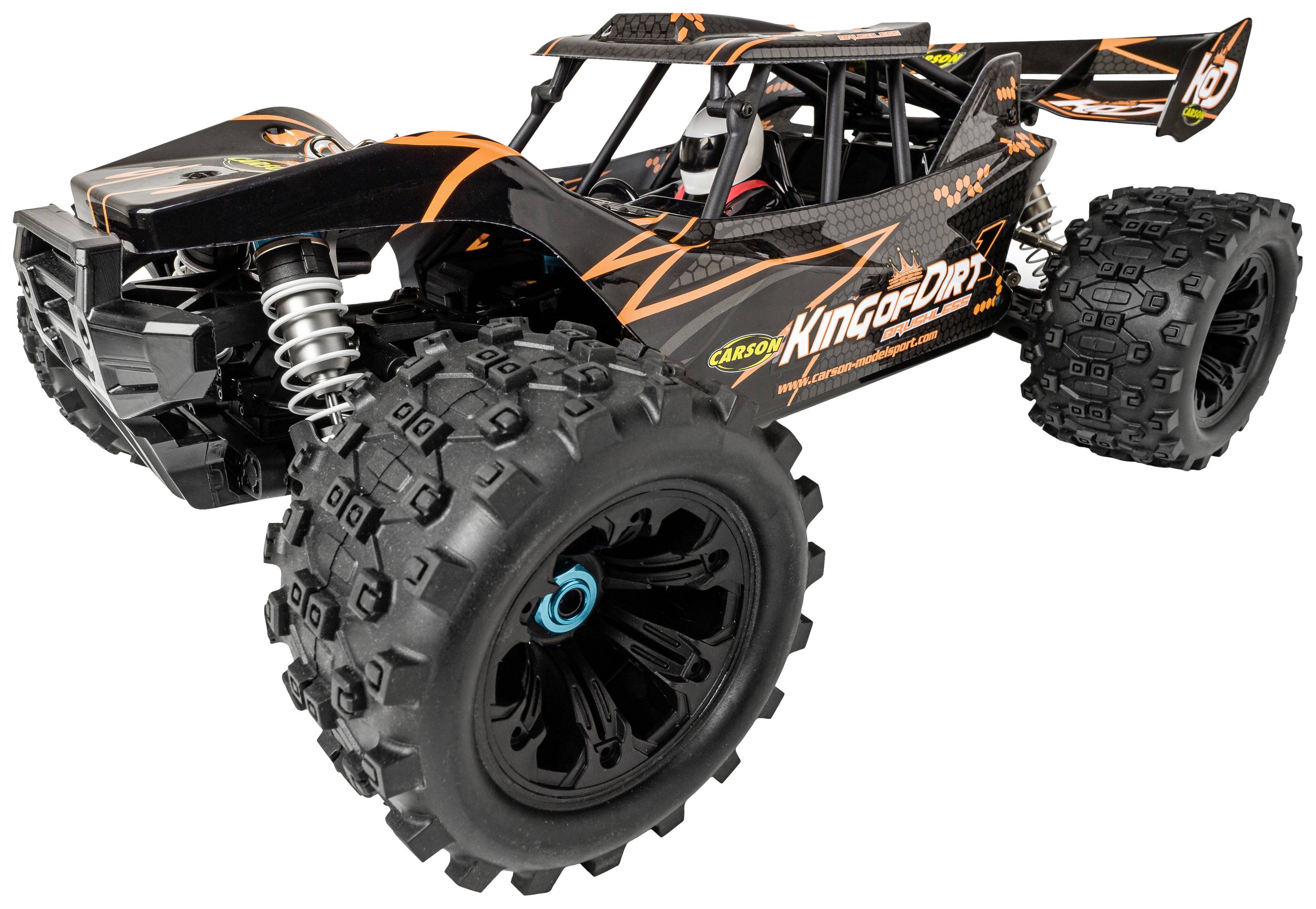 Remote-controlled car with an off-road design, featuring large, robust tyres and a black and orange bodywork design.