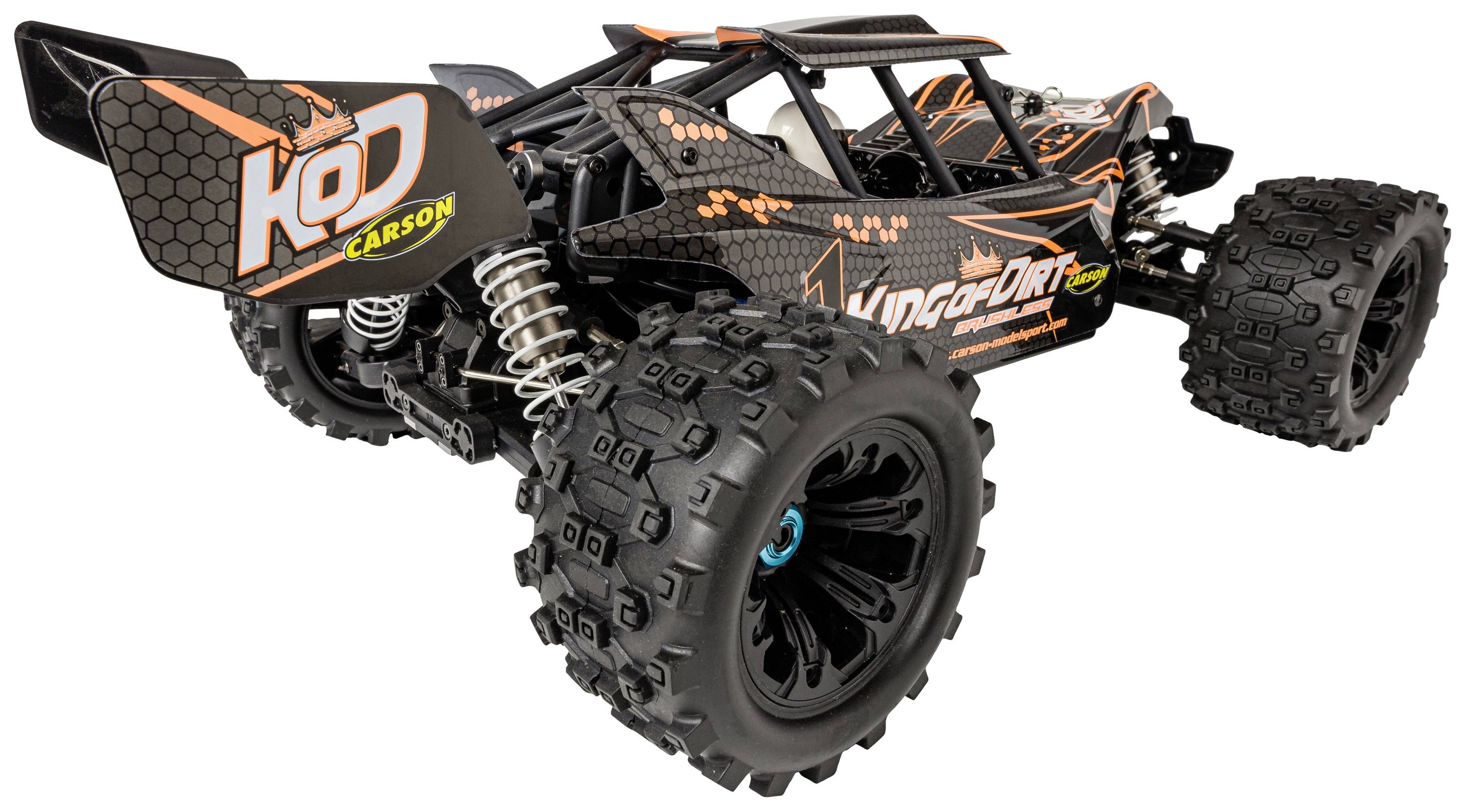 A remote-controlled car with robust tyres and a black chassis decorated with orange accents, suitable for off-road racing.