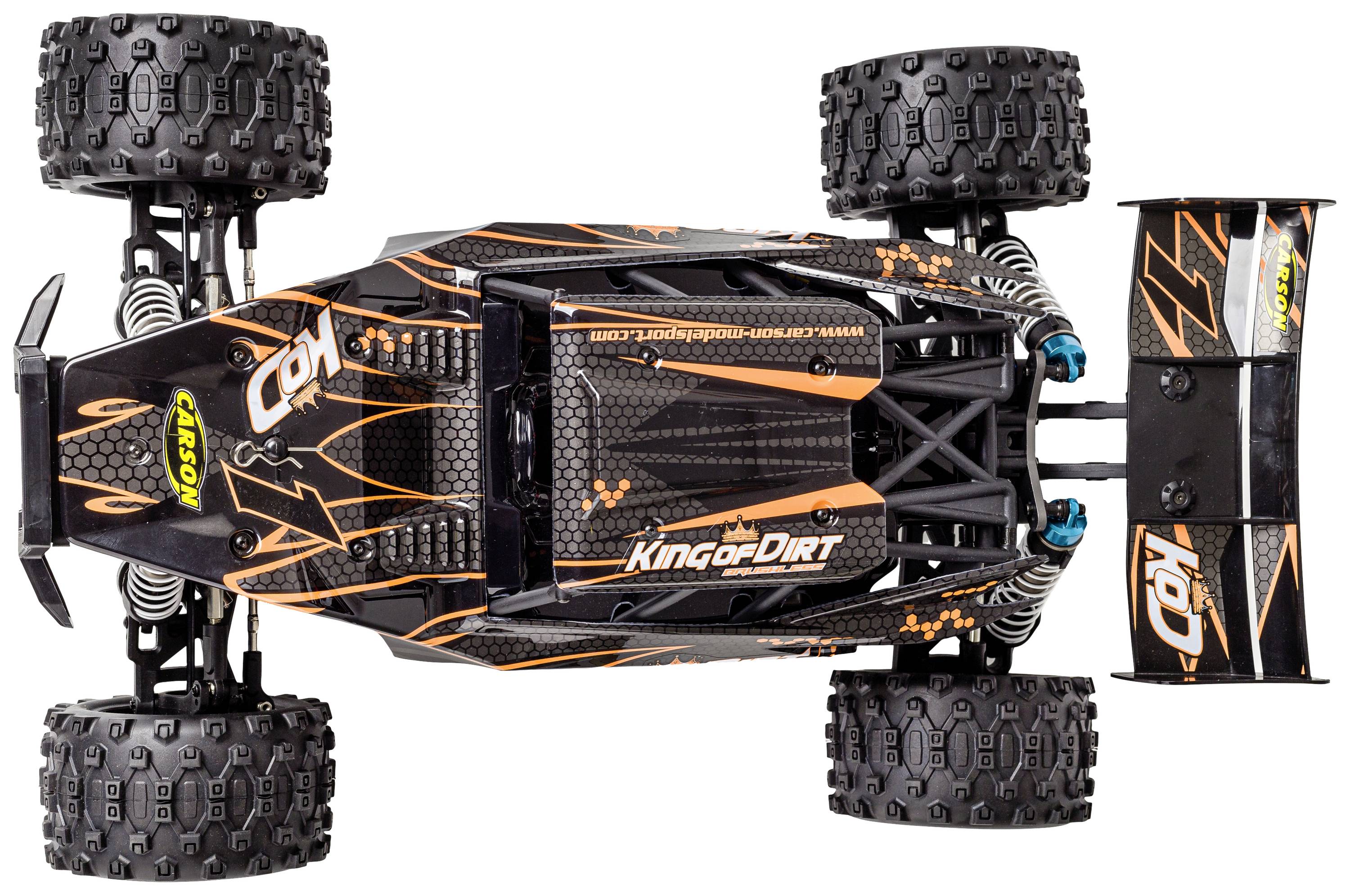 Remote-controlled car from above, black and orange with 'King of Dirt' lettering. Robust tyres, suitable for challenging terrain.