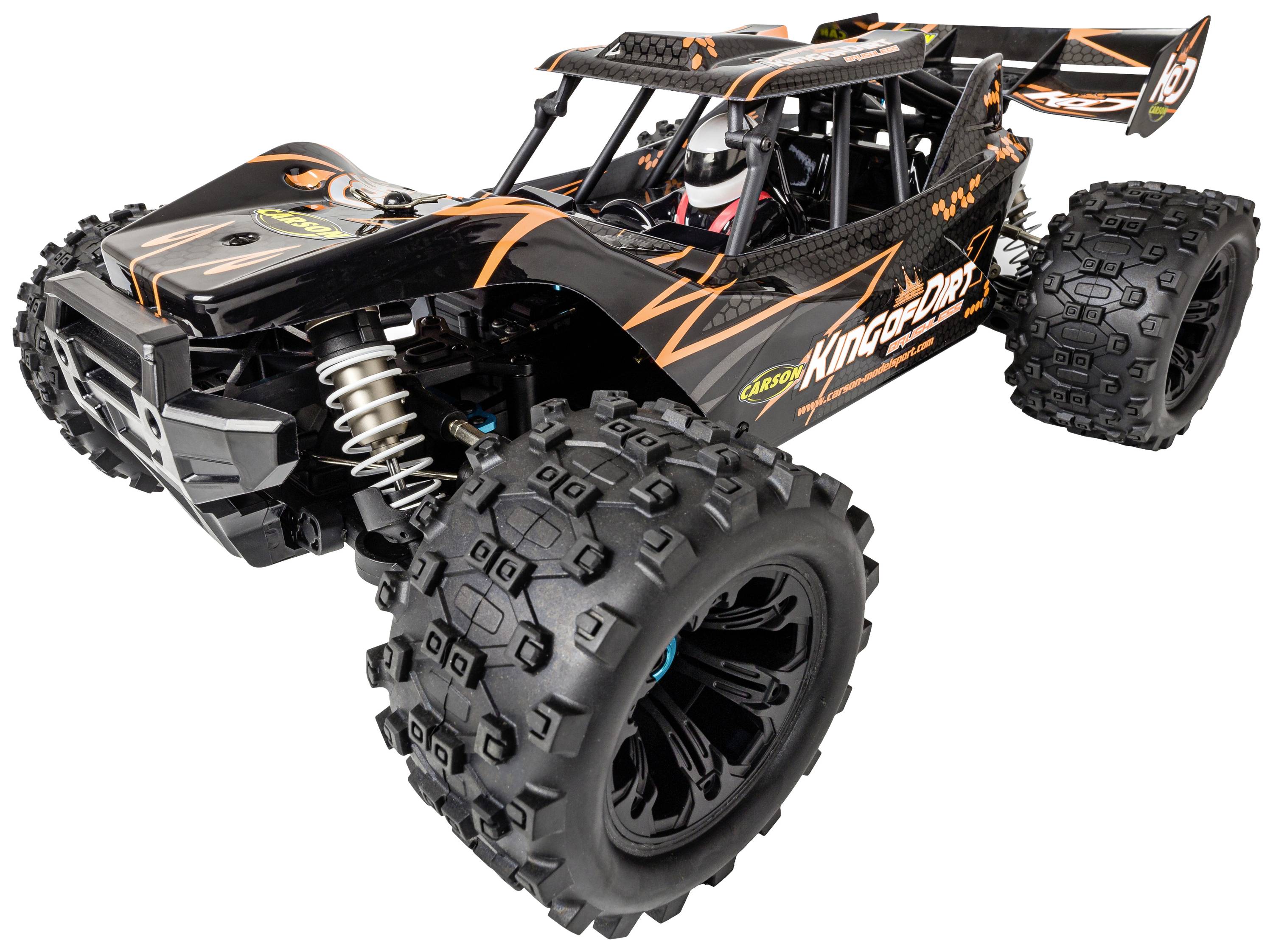 A remote-controlled off-road car with large tyres and an orange-black design displayed on a white background.