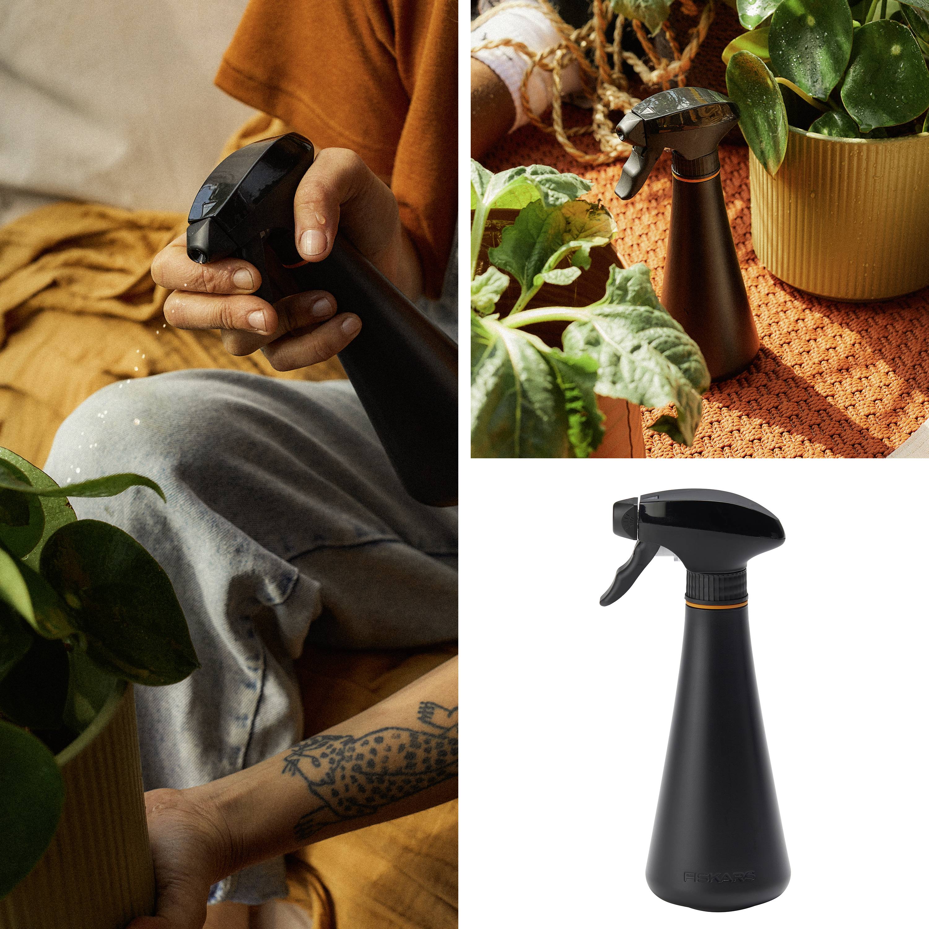 'A person is spraying plants with a black spray bottle. The bottle has a simple design and is positioned next to green leaves.'