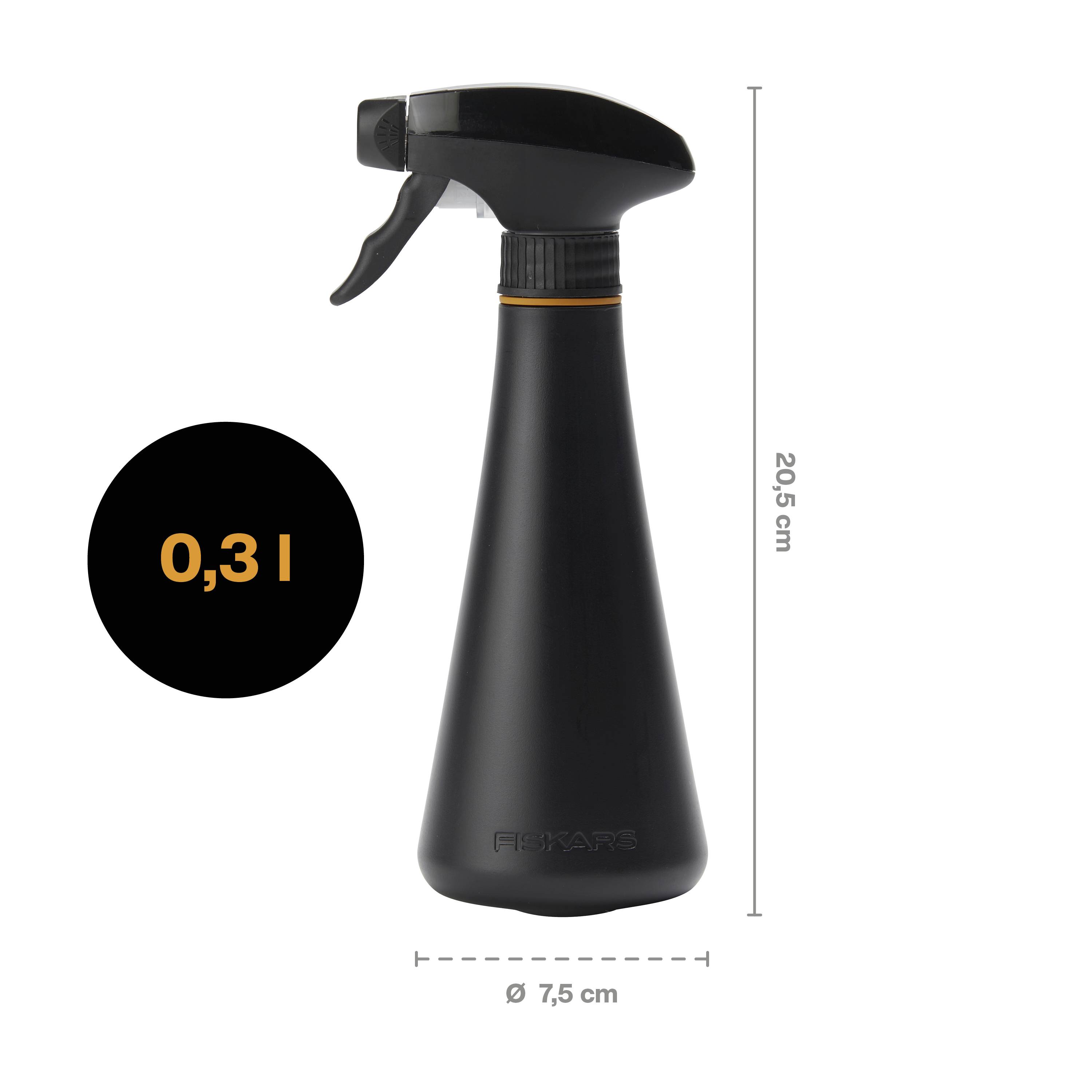 A black spray bottle with a volume of 0.3 litres and a height of 20.5 cm.