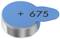 Blue battery sticker with the inscription '+ 675' indicates a button cell battery, often used for hearing aids.