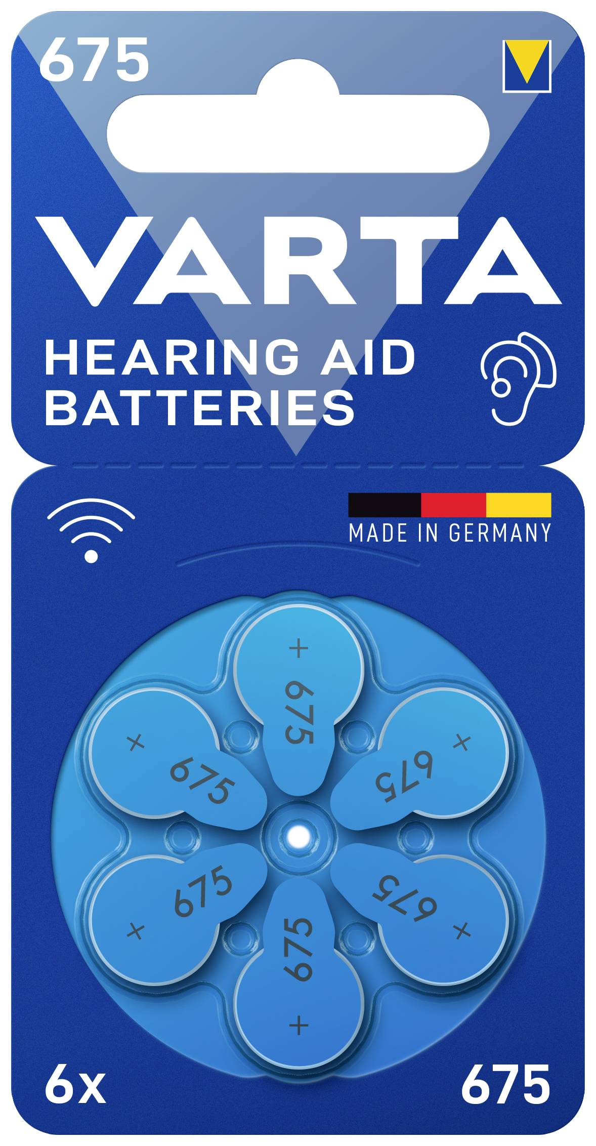 Packaging containing 6 hearing aid batteries by VARTA, Model 675. Packaging displays blue flower-shaped batteries, manufactured in Germany.