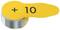 Yellow round tin with a tab indicating '+ 10'. Suitable for presenting additional or bonus quantities.