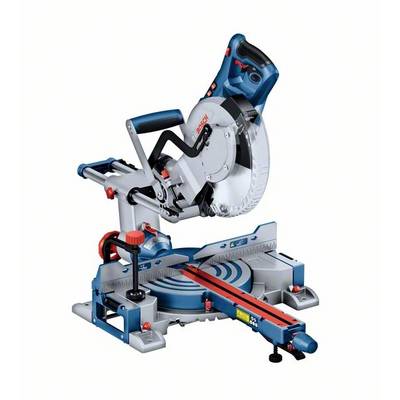 Electric mitre saw with a blue casing and red guide handle, suitable for precise woodworking and angled cuts.