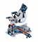 Electric mitre saw with a blue casing and red guide handle, suitable for precise woodworking and angled cuts.