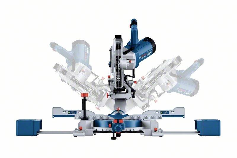 An electric mitre saw with a pivoting mechanism that can be adjusted to multiple positions. It features blue and grey colour accents.