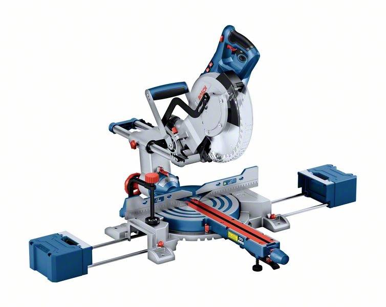 An electric mitre saw in blue and silver colouring. Suitable for precise woodworking and cuts at various angles.