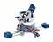 An electric mitre saw in blue and silver colouring. Suitable for precise woodworking and cuts at various angles.