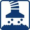 A pictogram shows a cooker hood extracting vapours or particles. The fan blades and particles are depicted in a stylised manner.