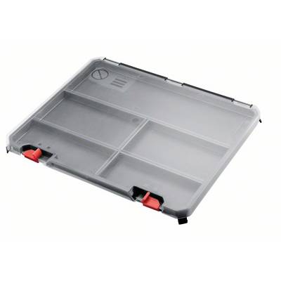 Transparent sorting box with four compartments and two red fastening hooks.
