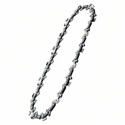 A silver chainsaw chain in an oval shape, depicted on a white background.