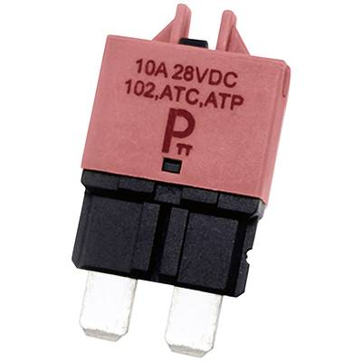 Flat fuse with the marking '10A 28VDC 102, ATC, ATP', red plastic body and two metal terminals at the bottom.