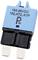 Blue automotive circuit breaker with the inscription '15A 28VDC 102, ATC, ATP'. Two metallic contacts at the bottom.