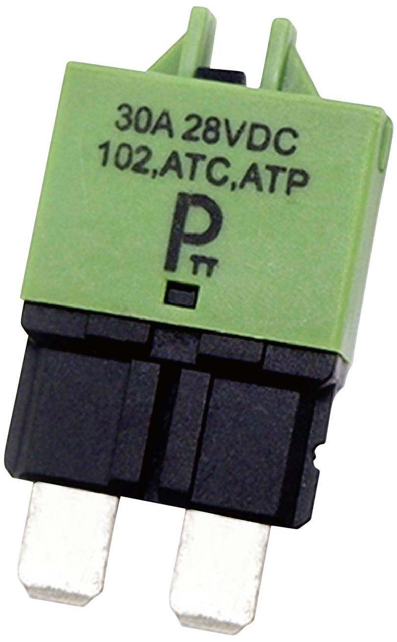 Plastic fuse with green top and black base, marked with '30A 28VDC 102, ATC, ATP'.