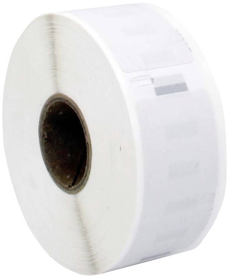 A roll of white labels, viewed from the side, with a brown cardboard core in the centre.