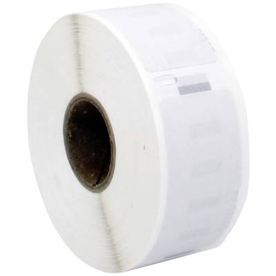 A roll of white labels, viewed from the side, with a brown cardboard core in the centre.